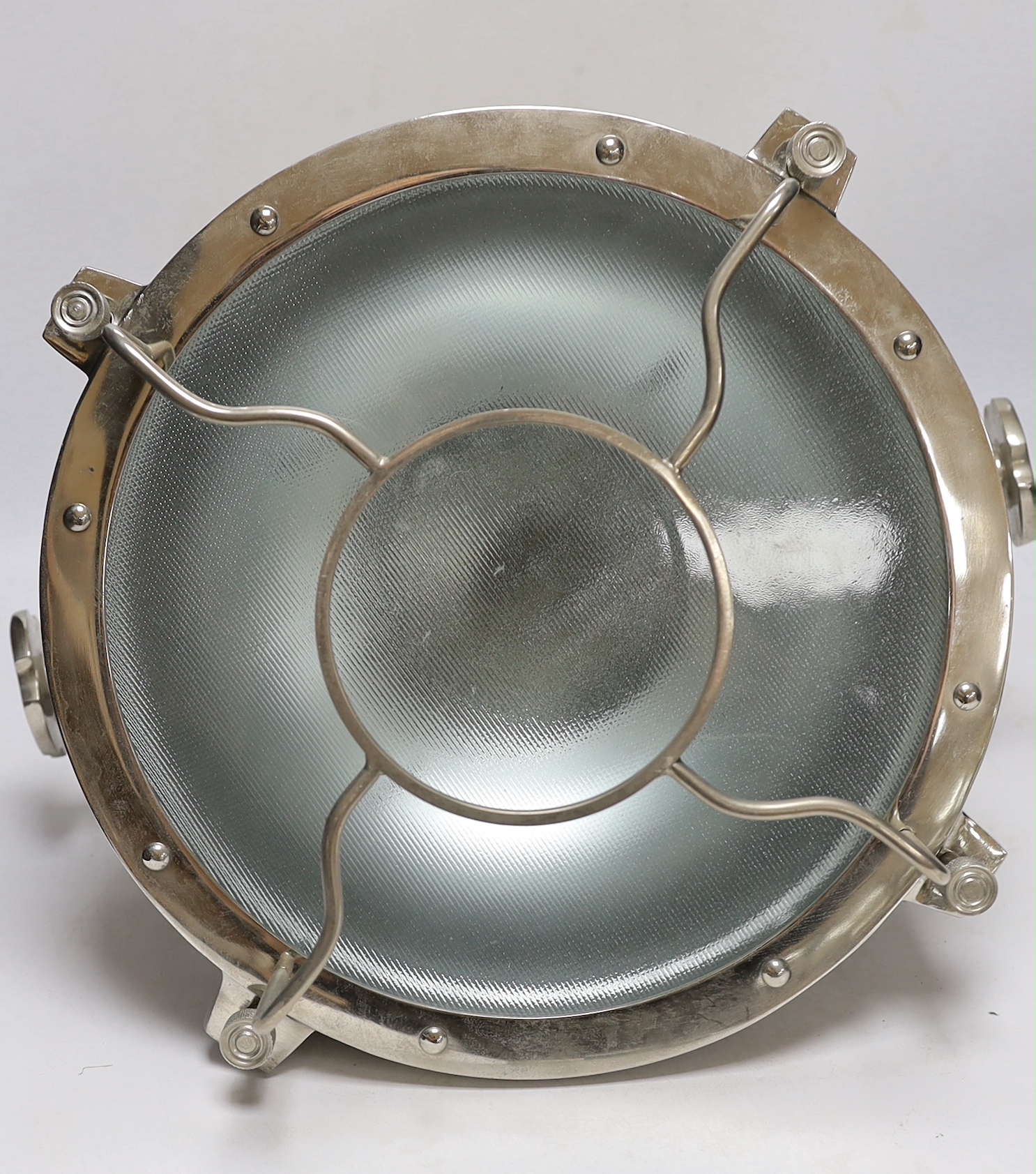 A contemporary industrial style ceiling light, approx 62cm high